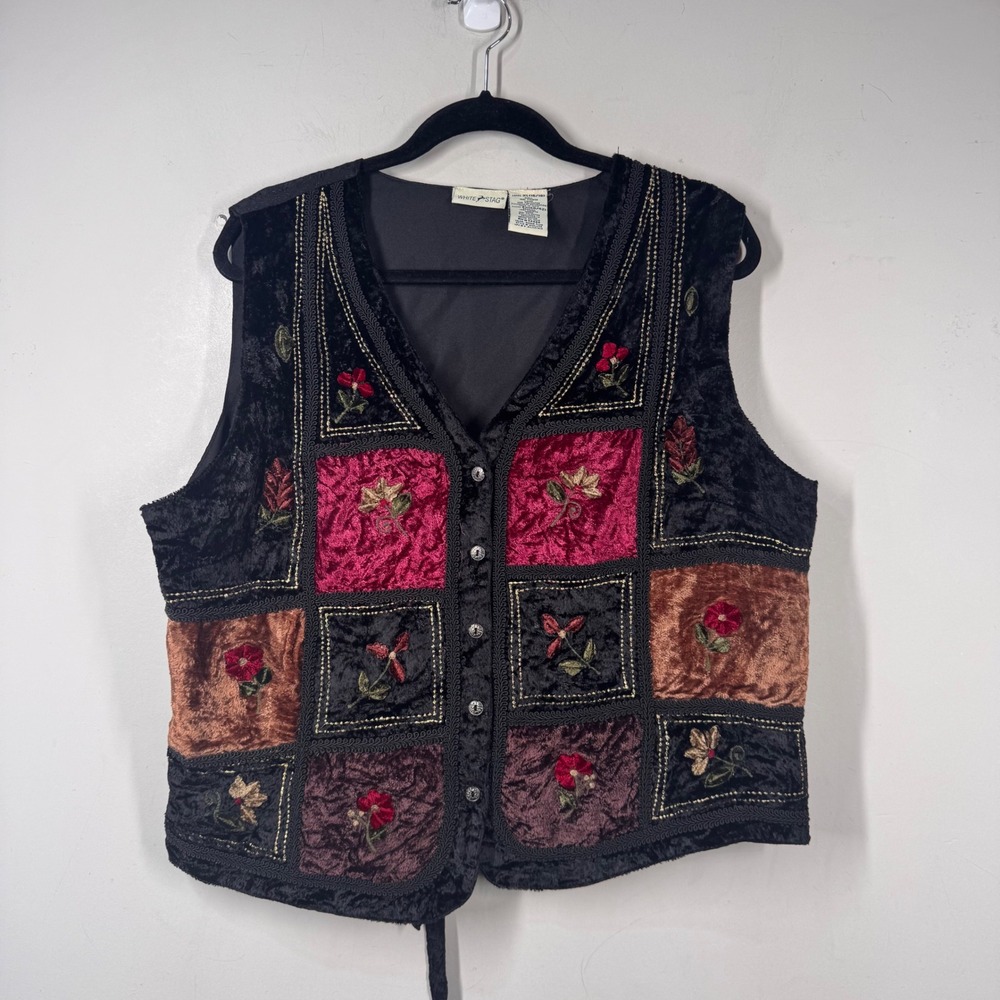 White Stag Womens XL Velvet Patchwork Floral Embroidered Vest Whimsigoth Witchy